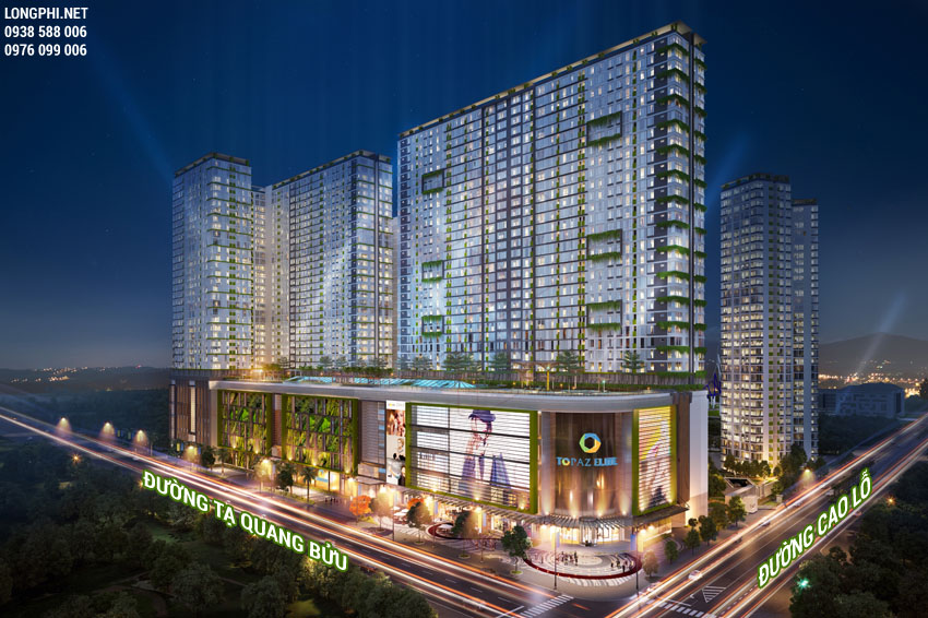 Phối cảnh tổng thể ban đêm mặt tiền dự án Topaz Elite quận 8.