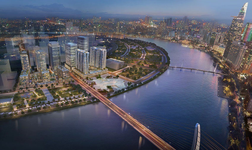 Phối cảnh khu căn hộ The Opera Residence trong tổng thể cảnh quan đôi bờ ông Sài Gòn.