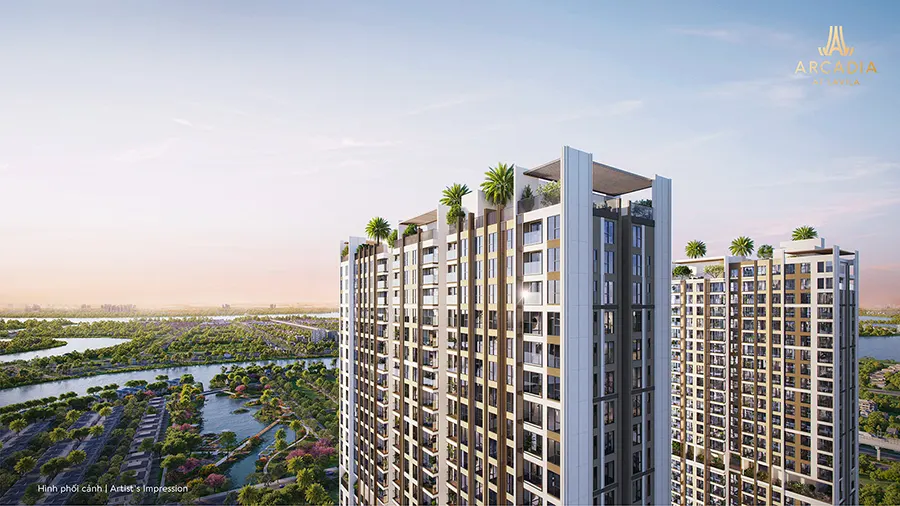 Phối cảnh mặt ngoài căn hộ Arcadia at Lavila nhìn từ trên cao.